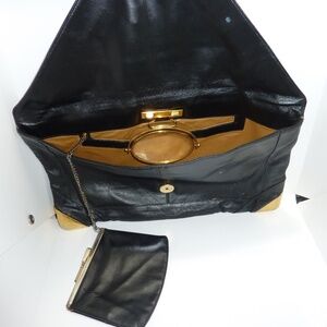 Vintage Lou Taylor Black Leather Envelope Clutch- WALLET- Built-in Swivel Mirror
